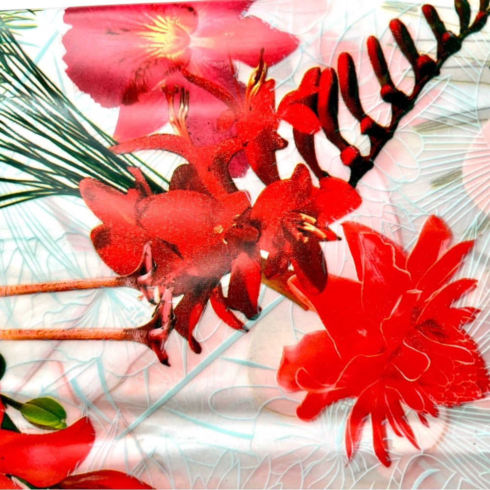 Flamingos & Tropical Flowers Peva Shower Curtain Hibiscus Orchids Bright Red - Picture 7 of 14